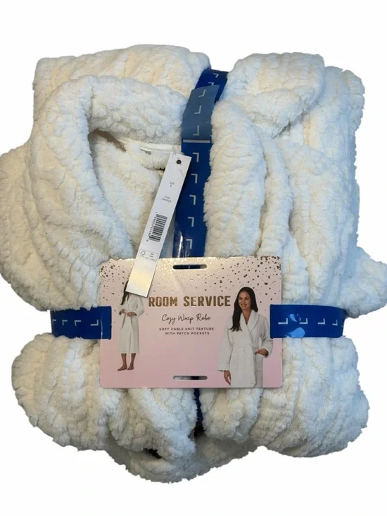 ROOM SERVICE Cozy Wrap Fuzzy Robe SOFT CABLE KNIT TEXTURE POCKETS White L 12 14 - Picture 3 of 12